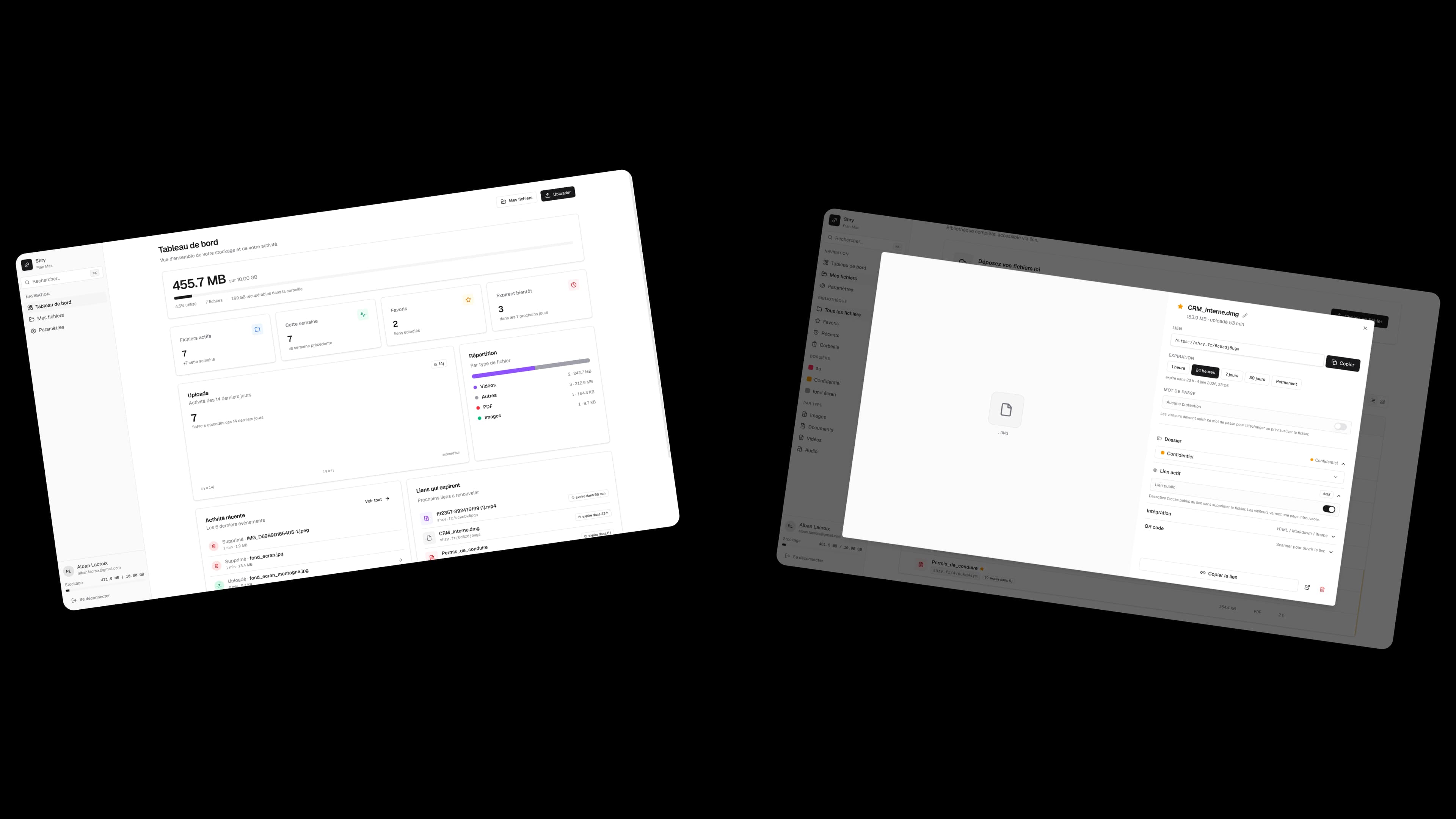 Interface Shry — tableau de bord et page Mes fichiers
